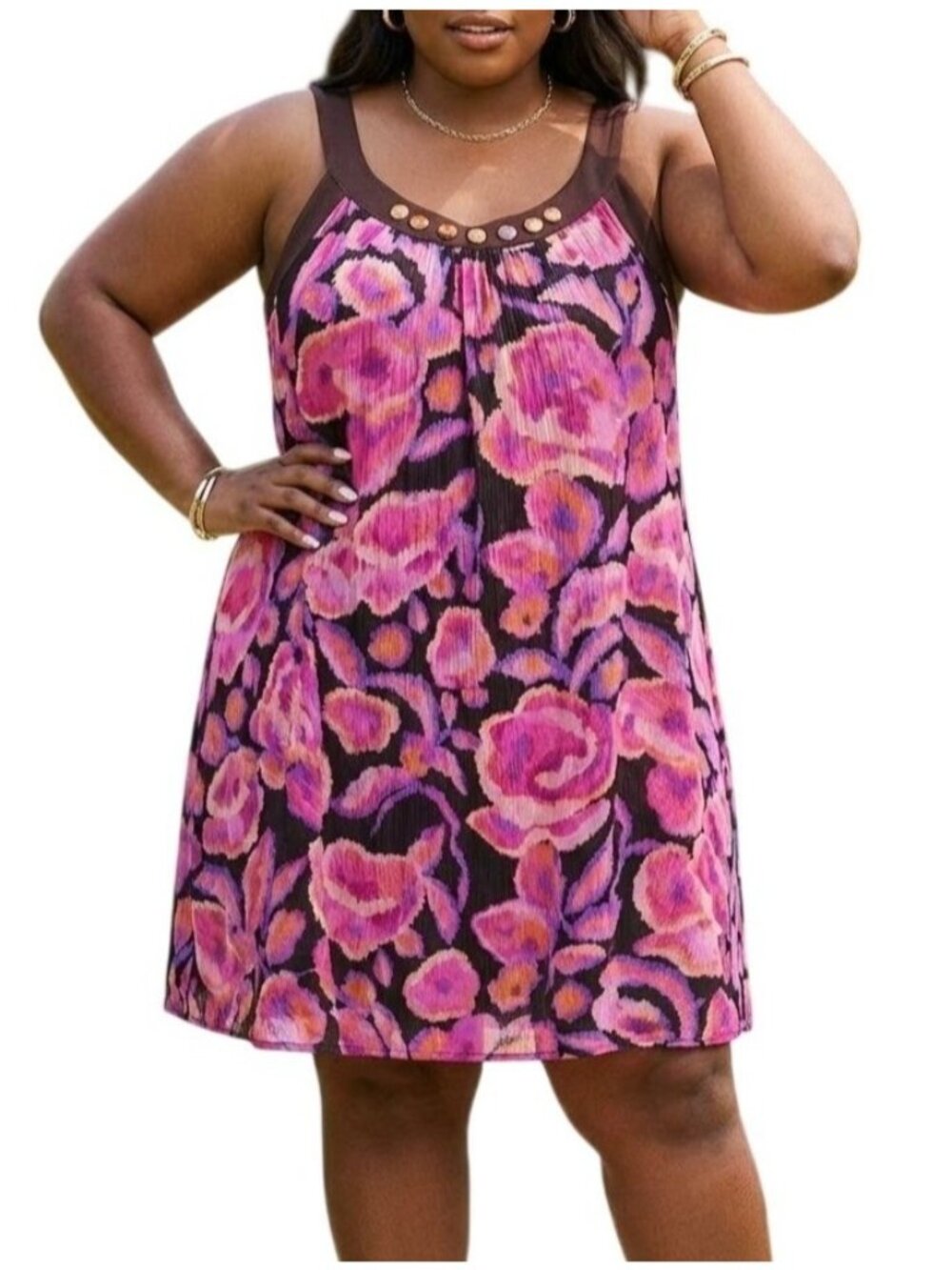 New Directions Size XL Dress Tunic Pink Floral Sleeveless Beaded Scoop Neck